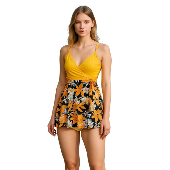 Yellow Floral Two-Piece Tankini Bikini Swimsuit Women Small Dress Set - Picture 1 of 9